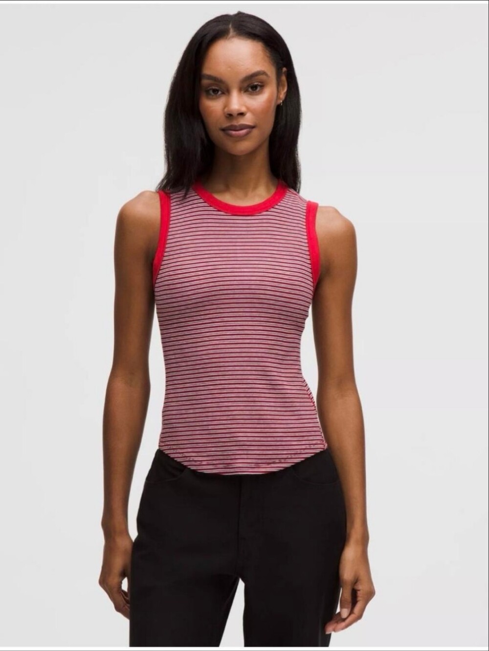 Lululemon Hold Tight Crewneck Soft Modal Red Navy Striped Tank Top Waist Length